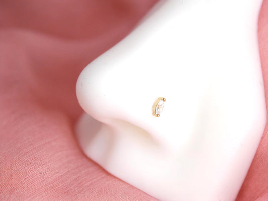 14K Gold Marquise Nose Stud, 20g Dainty Crystal Gold Nose Screw Jewelry, Minimalist Corkscrew Nose Piercing Jewelry, Gold Jewelry