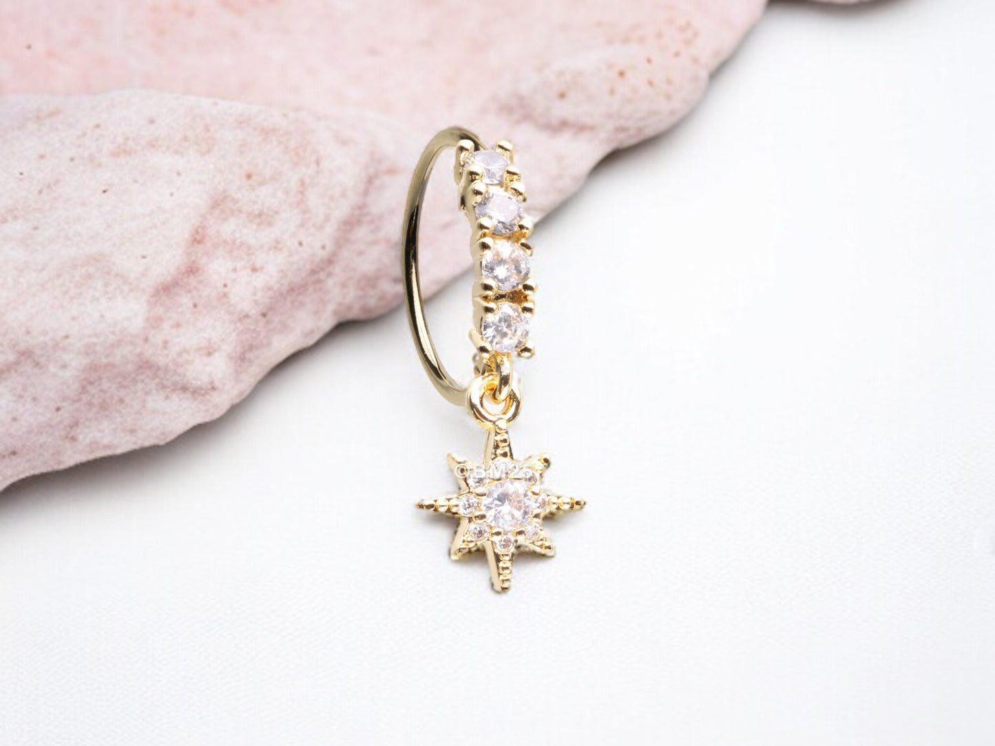 20g Gold Dangling Bendable Nose Ring. Floral decor charm nose stud ring. CZ nose ring.Nose Piercing Jewelry.