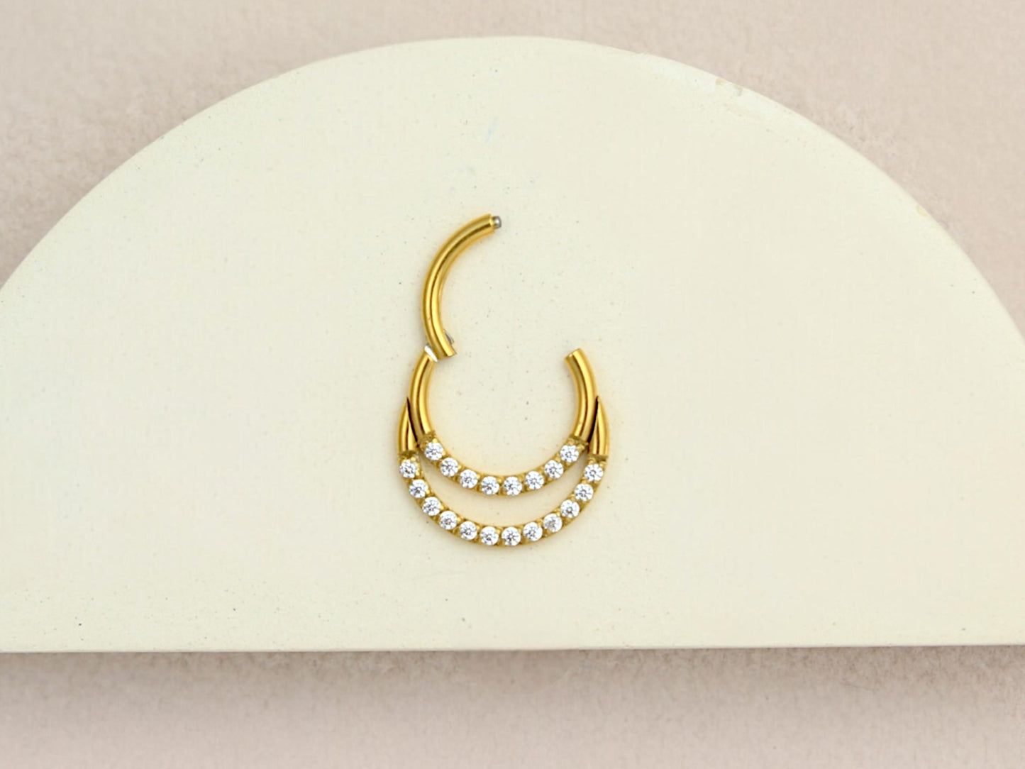 16G Septum Clicker Hinged Hoop Ring, Gold Dainty Double Line Sparkle Gem Septum Piercing Jewelry, Nose Piercing Body Jewelry