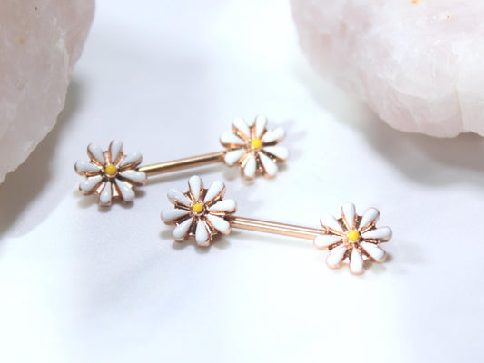 14G Daisy Nipple Barbell, Set of 2 Rose Gold Floral Nipple Ring, Nipple Piercing Jewelry, Personalized Body Jewelry