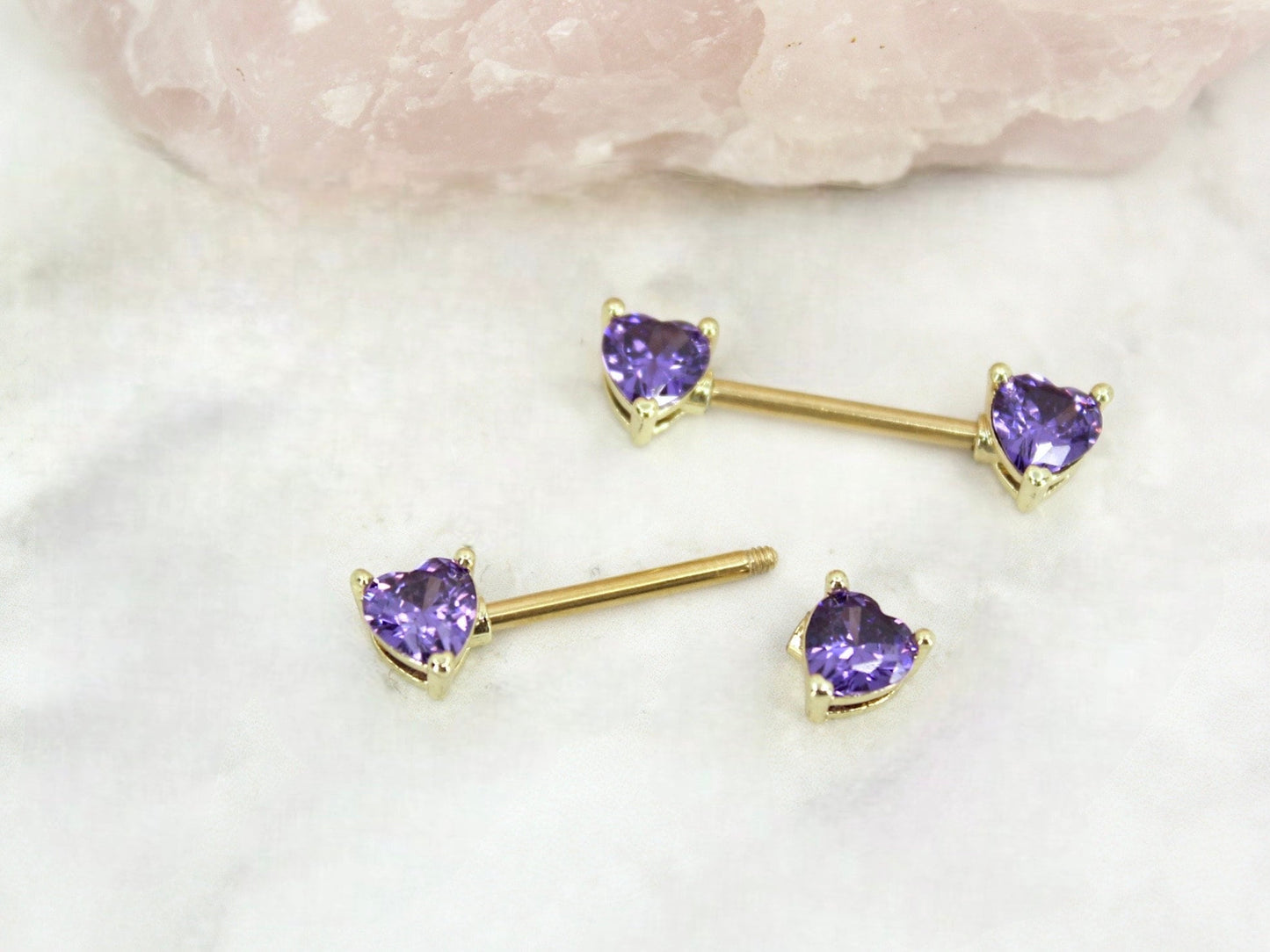 14G Purple Heart Nipple Barbell, Gold Purple heart shape Nipple piercing jewelry, Body Piercing Jewelry,