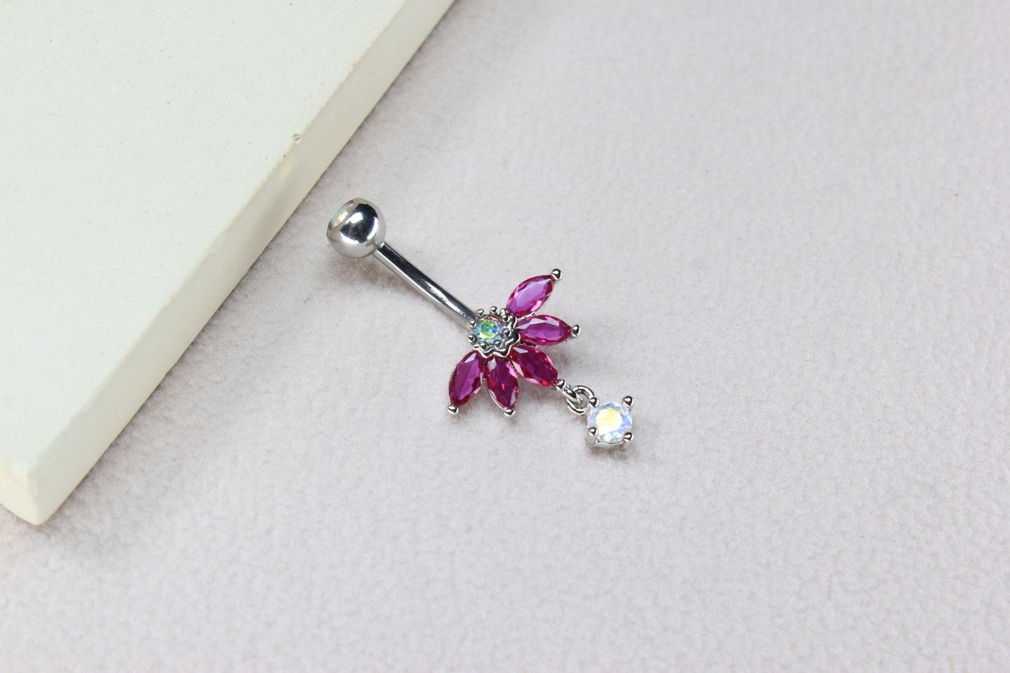 New • Floral Dangling Belly Button Ring, 14g Dainty Petal Decor Pink Marquise Gemstone Belly Ring Piercing Jewelry, Gold Navel Piercing