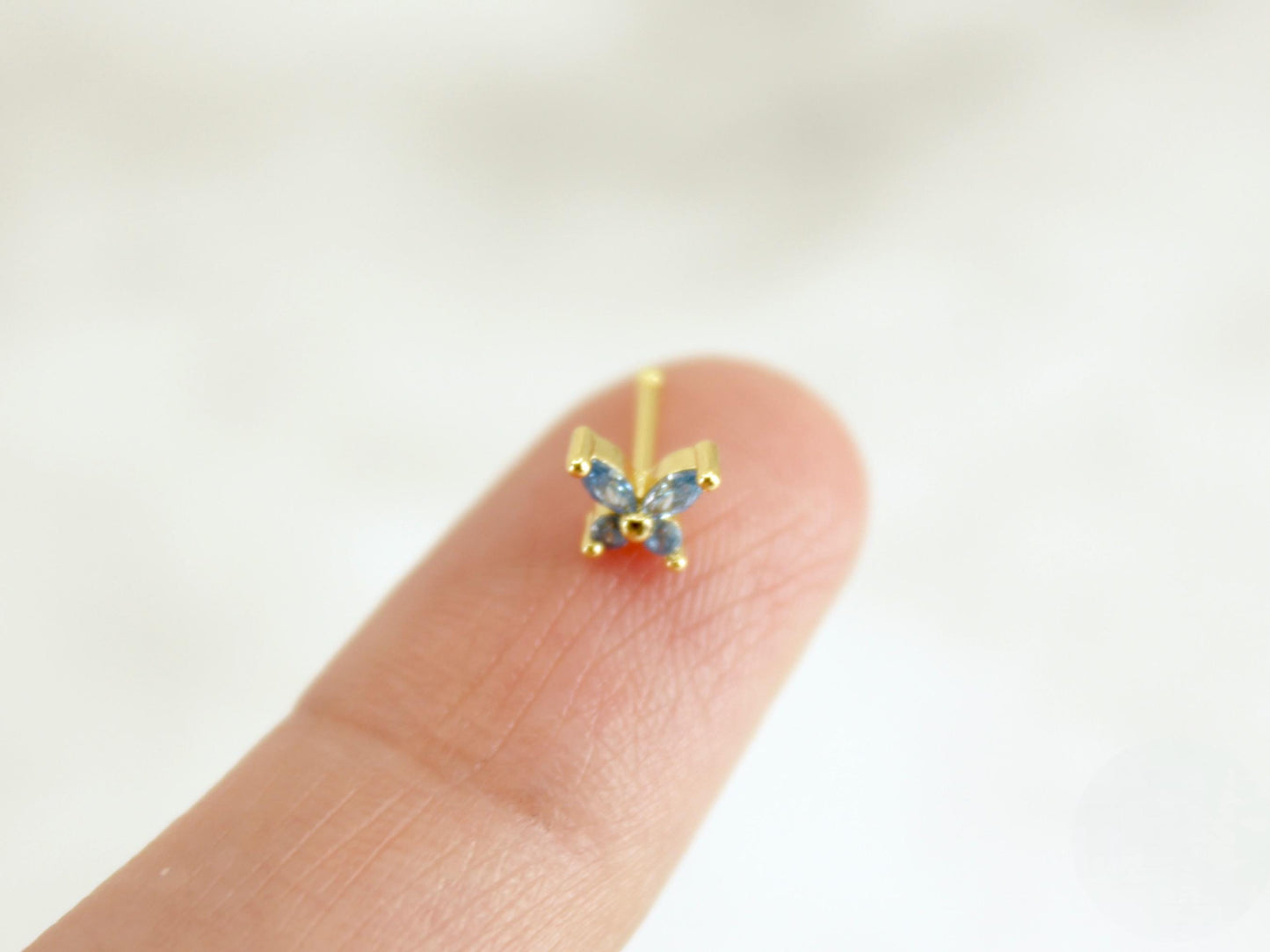 20g Blue Gem Butterfly Nose Ball End Stud.
