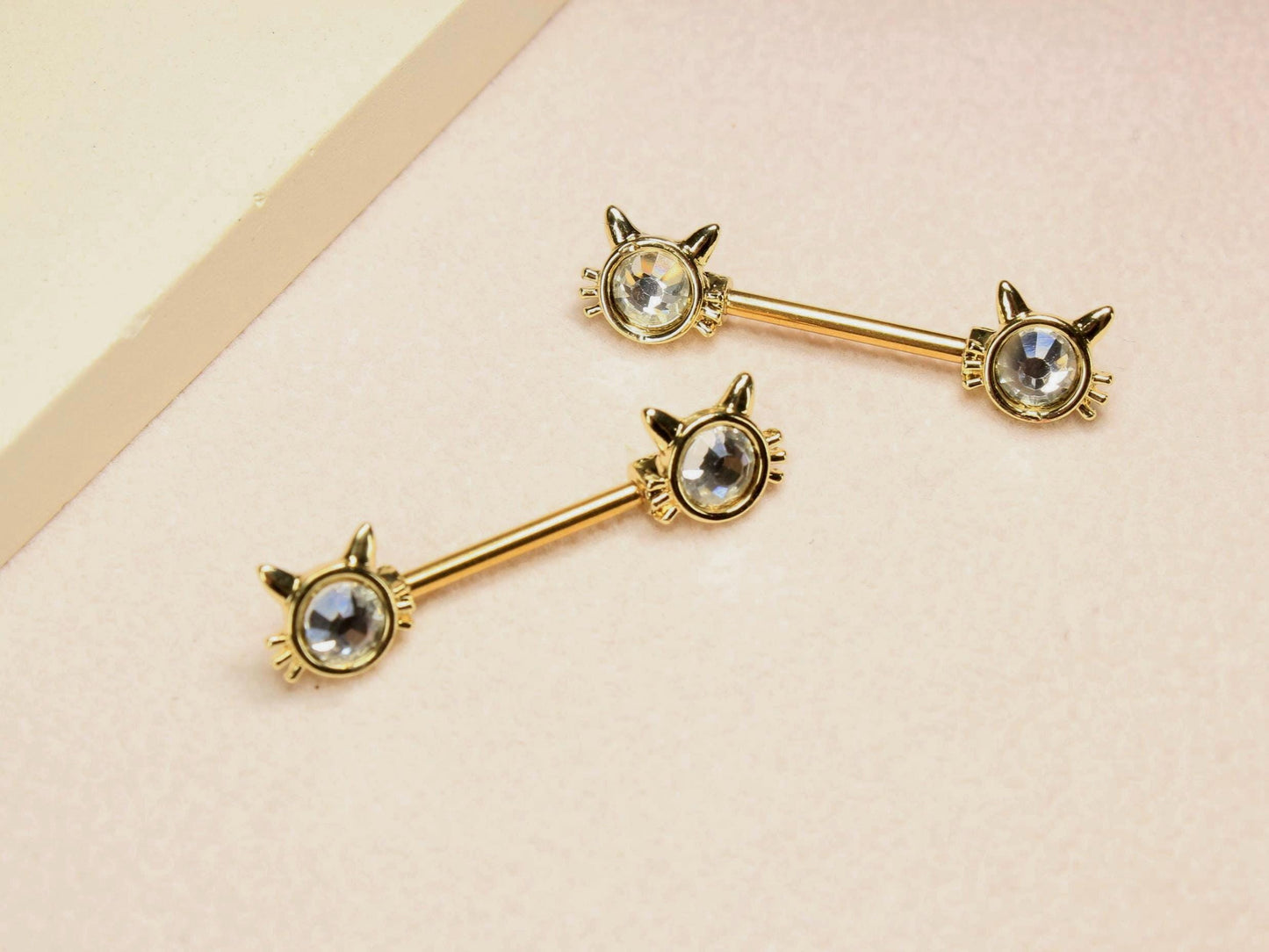 Gold Cat Nipple Barbell, 14G Kitty Face Nipple Piercing Ring, Pair of 2 Kitten Nipple Jewelry, Cat Jewelry, Body Piercing Jewelry