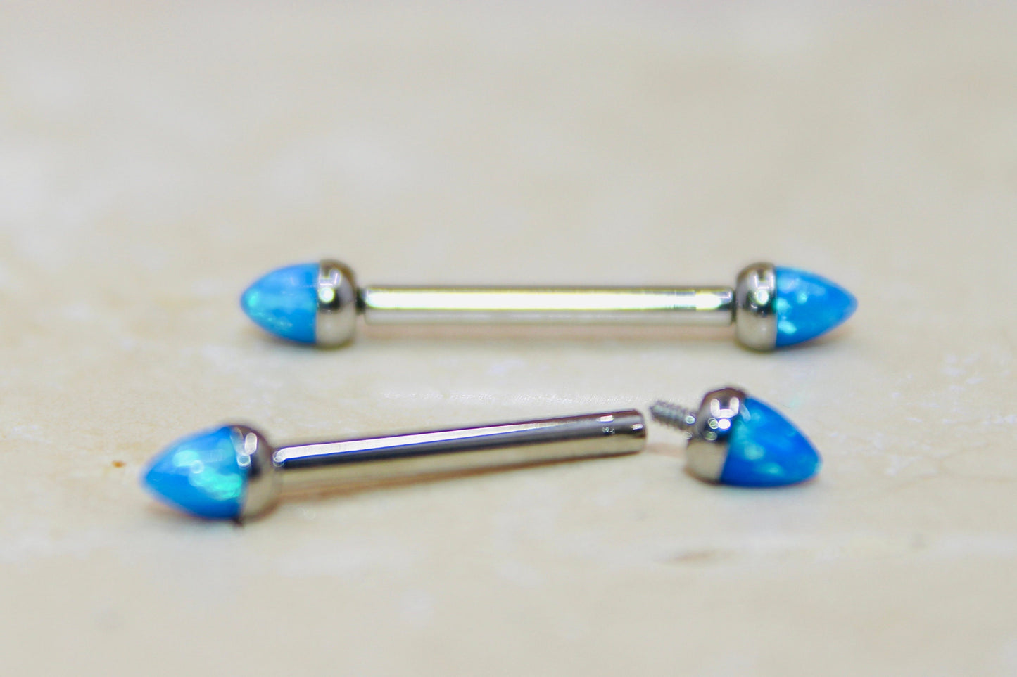 Internally Threaded Opal Nipple Barbell, Blue Opal Smooth Comfortable Fit Nipple Piercing Ring Jewelry, 14g Nipple Barbell Body Jewelry