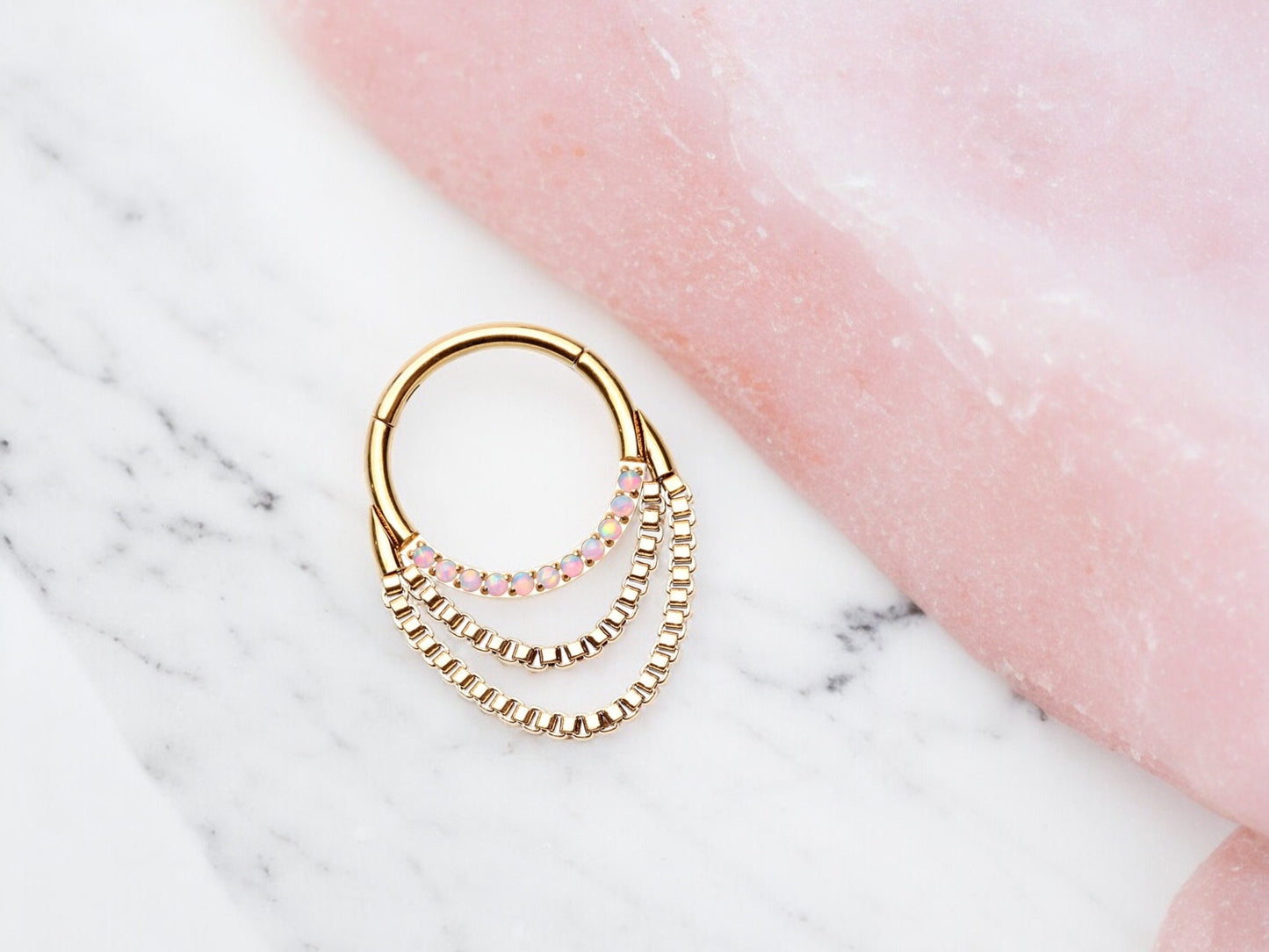 16G Gold Dangling Chain Septum Clicker Ring. Double Chain Opal Septum Hoop Ring. Septum Nose Jewelry, Septum Piercing Ring