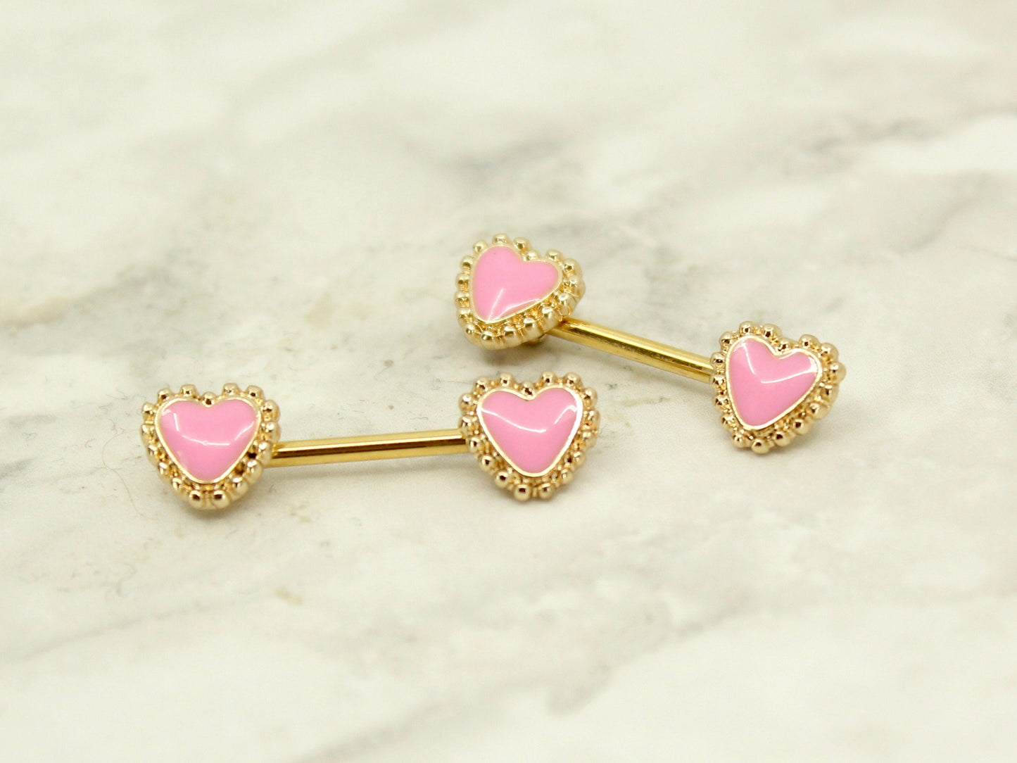 NEW • Pink Heart Nipple Barbell, 14g Gold Pink heart Nipple Ring Jewelry, Body Piercing Jewelry, Set of 2 Nipple Jewelry