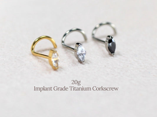 Titanium Corkscrew Nose Stud, 20G Dainty Gold Marquise CZ Nose Screw Piercing, Hypoallergenic Body Jewelry