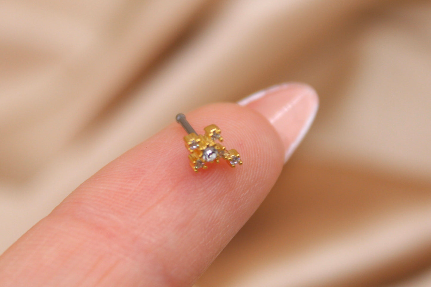 Gold Cross Nose Stud, Sparkle Gem Cross Decor Top Nose Bone Stud, Nose Piercing Stud Jewelry, 20g Nose Stud