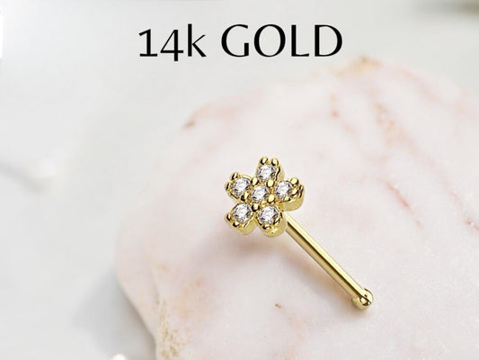 14K Gold Flower Nose Stud, Flower Top Sparkle Gem Nose Stud,20g Thin Nose Stud Ball End Nose Bone Stud Elegant Flower Nose Piercing Jewelry