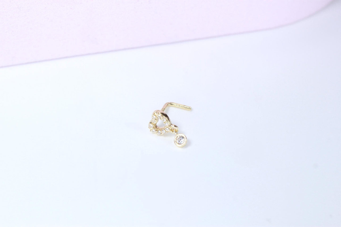 14K Gold Heart Nose Stud, 20g Dainty Dangling Gem L Shape Corkscrew Nose Stud, Gold Nose Jewelry, L Bend Screw Nose Piercing Stud Ring