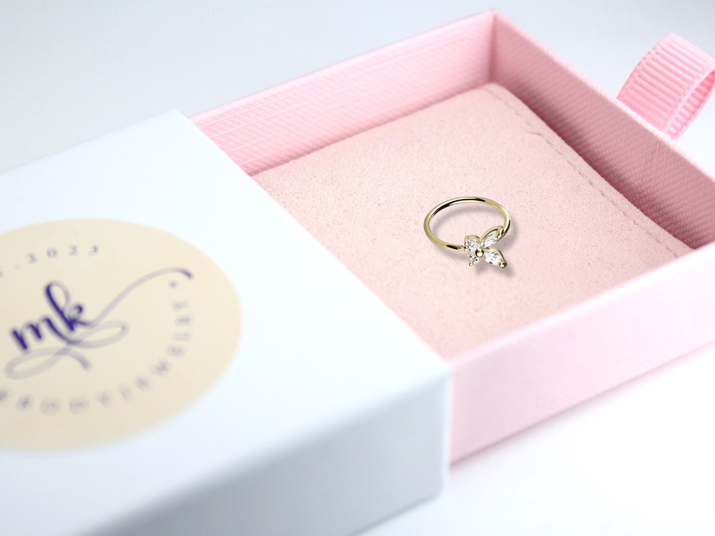 14K Gold Butterfly Nose Ring, 20g Dainty Crystal Butterfly Nose Hoop Ring Jewelry, Bendable Nose Piercing Jewelry, Solid Gold Jewelry,
