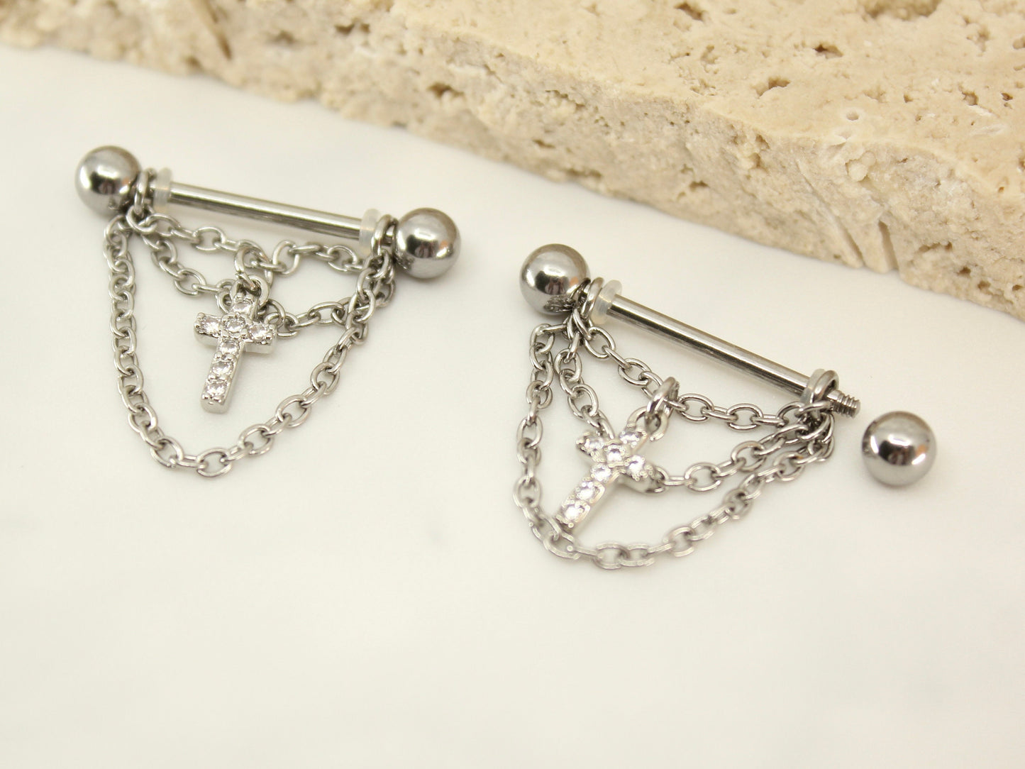 NEW • Silver Dangle Chain Nipple Ring, Cz Cross Dangle Chain Decor Nipple Piercing Barbell, 14g Nipple Ring Body Jewelry, Set of 2 Barbell