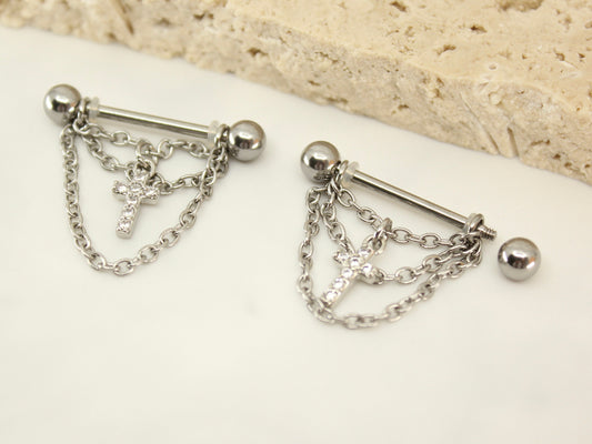 NEW • Silver Dangle Chain Nipple Ring, Cz Cross Dangle Chain Decor Nipple Piercing Barbell, 14g Nipple Ring Body Jewelry, Set of 2 Barbell
