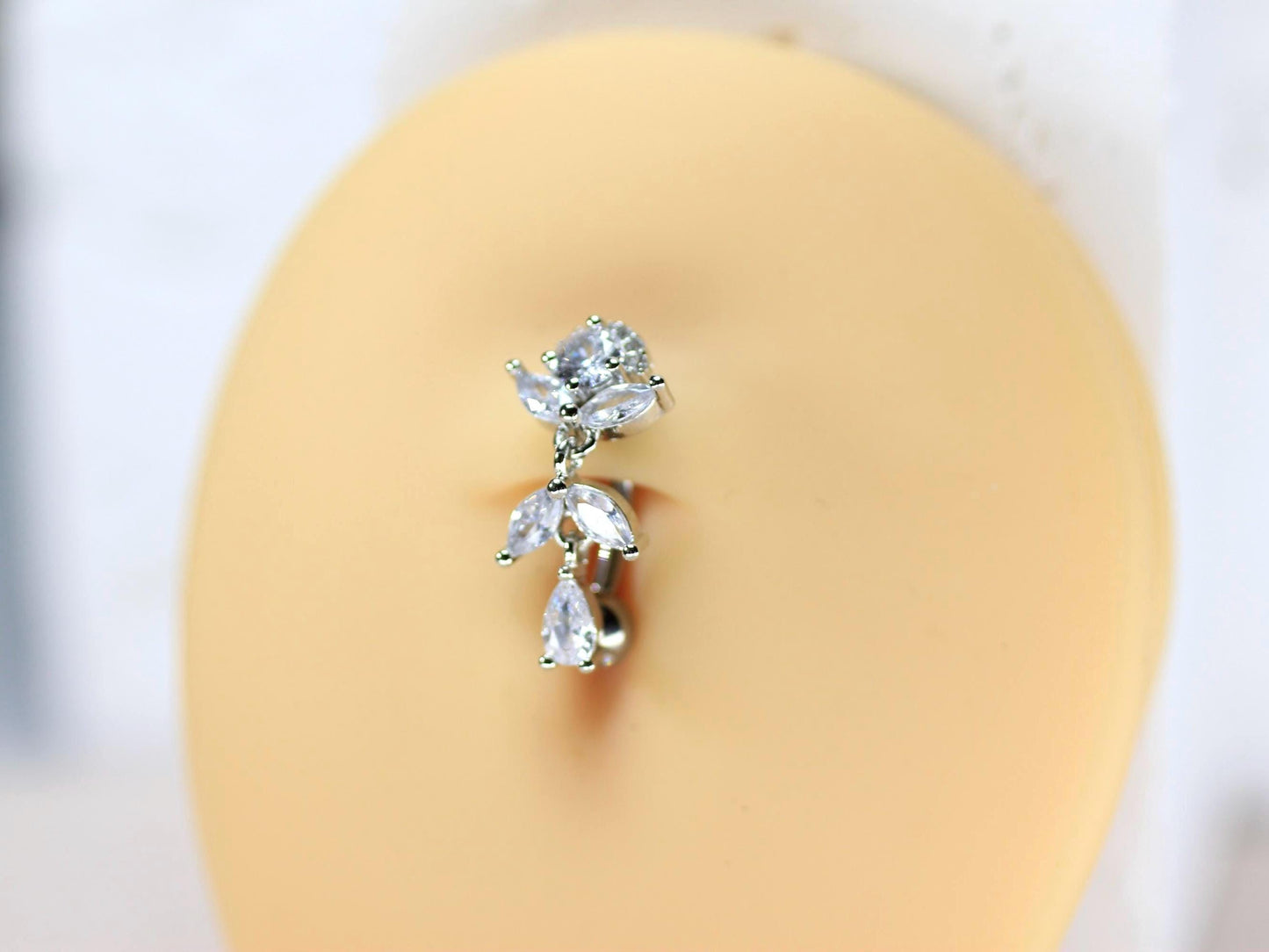 Implant Grade Titanium Belly Button Ring,14g Silver Floral Top Down Inverted Belly Ring,Dangling Navel Piercing, Hypoallergenic Body Jewelry