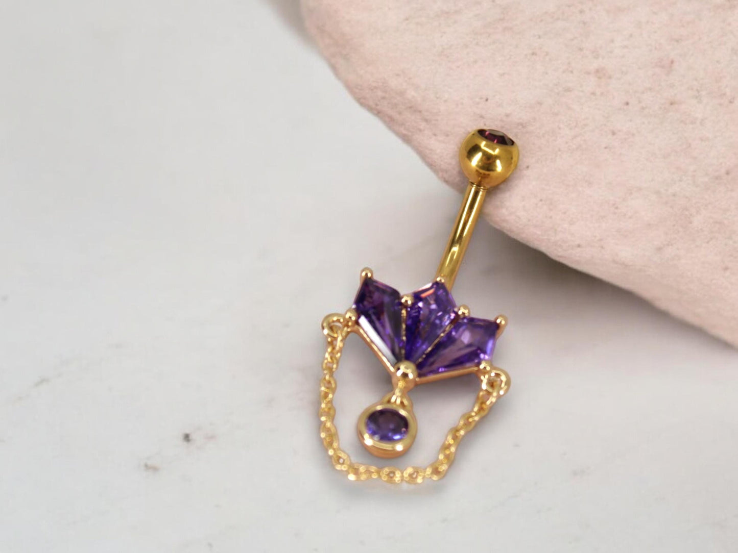 14G Gold Chain Dangling Belly Button Ring – Purple Marquise Gem Charm