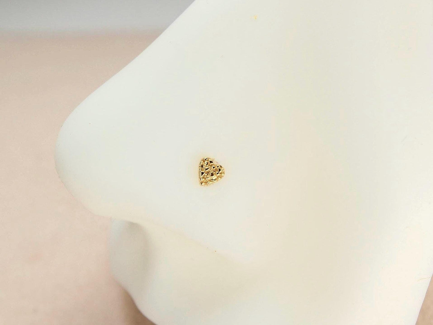 14k Gold Nugget Nose Stud, Dainty Solid Gold Nose Ring, Gold Heart Top Round Nugget Nose Bone Stud, Gold Nose Piercing Body Jewelry,