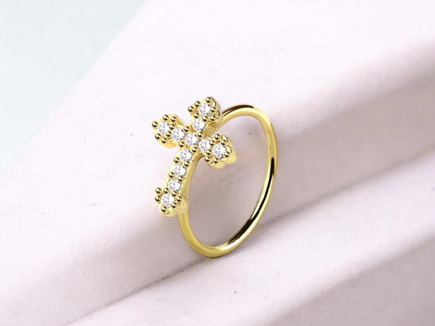 20g Gold Cross Nose Hoop Ring, Sparkle Gem Cross Decor Top Bendable Nose Ring, Nose Hoop Piercing Jewelry, Gold Nose Hoop Ring Piercing.