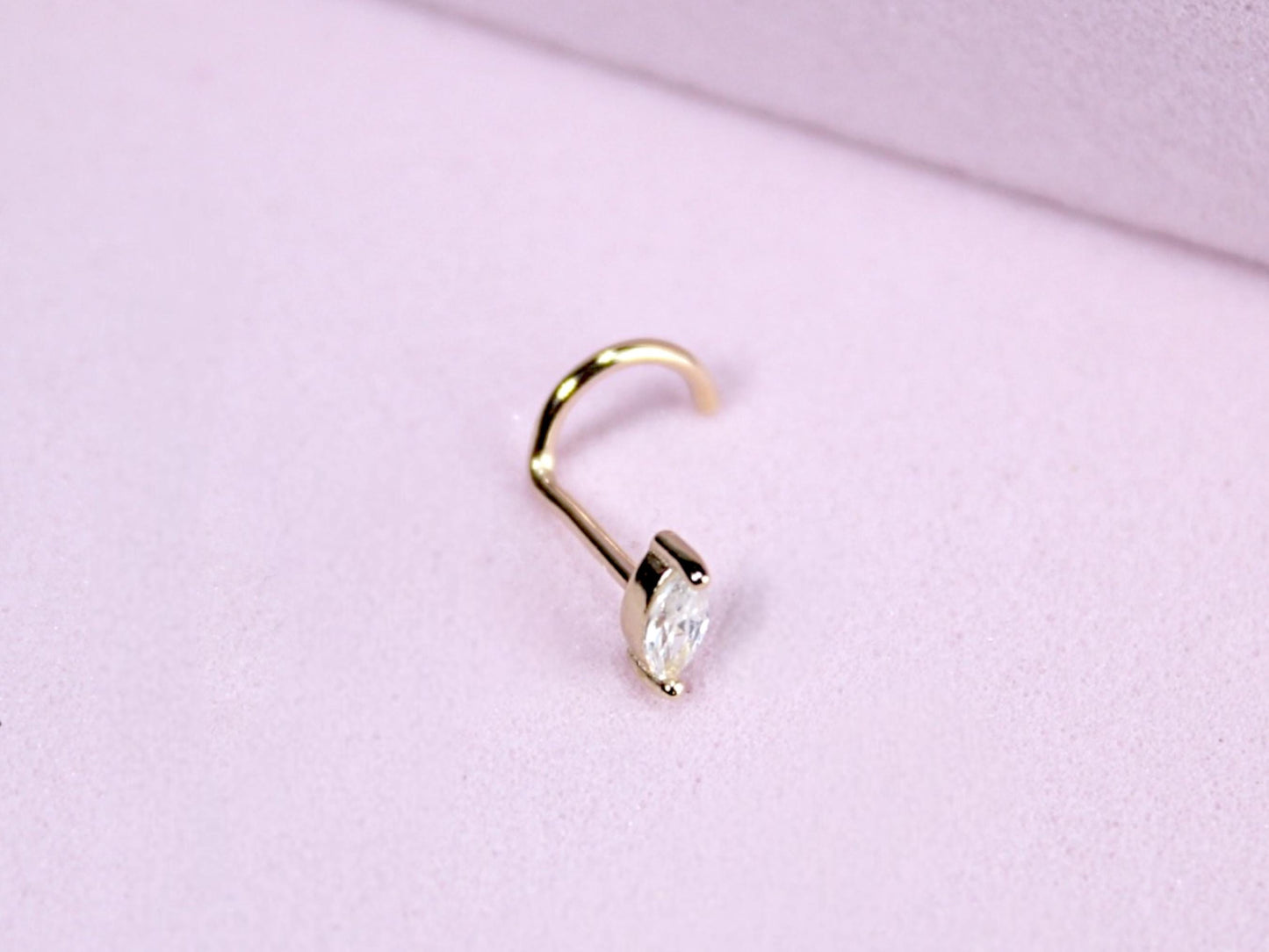 14K Gold Marquise Nose Stud, 20g Dainty Crystal Gold Nose Screw Jewelry, Minimalist Corkscrew Nose Piercing Jewelry, Gold Jewelry