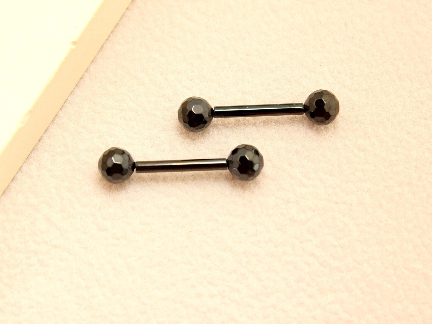 Black Titanium Threadless Nipple Barbell – 14G Disco Ball End Push-In Nipple Ring Set, Pair of Nipple Piercing Jewelry.