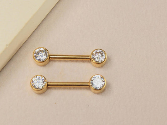 14g Titanium Nipple Barbell, Internally Threaded Gold Bezel Set Nipple Piercing Ring, Pair of Nipple Body Piercing Jewelry