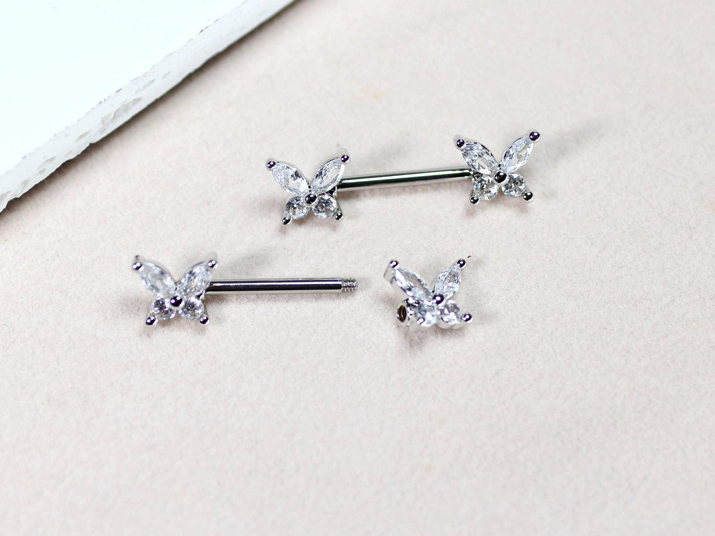 Silver Butterfly Nipple Ring, Dainty Marquise Gem Butterfly Nipple Piercing Barbell, 14g Nipple Ring, Surgical Steel Body Jewelry.