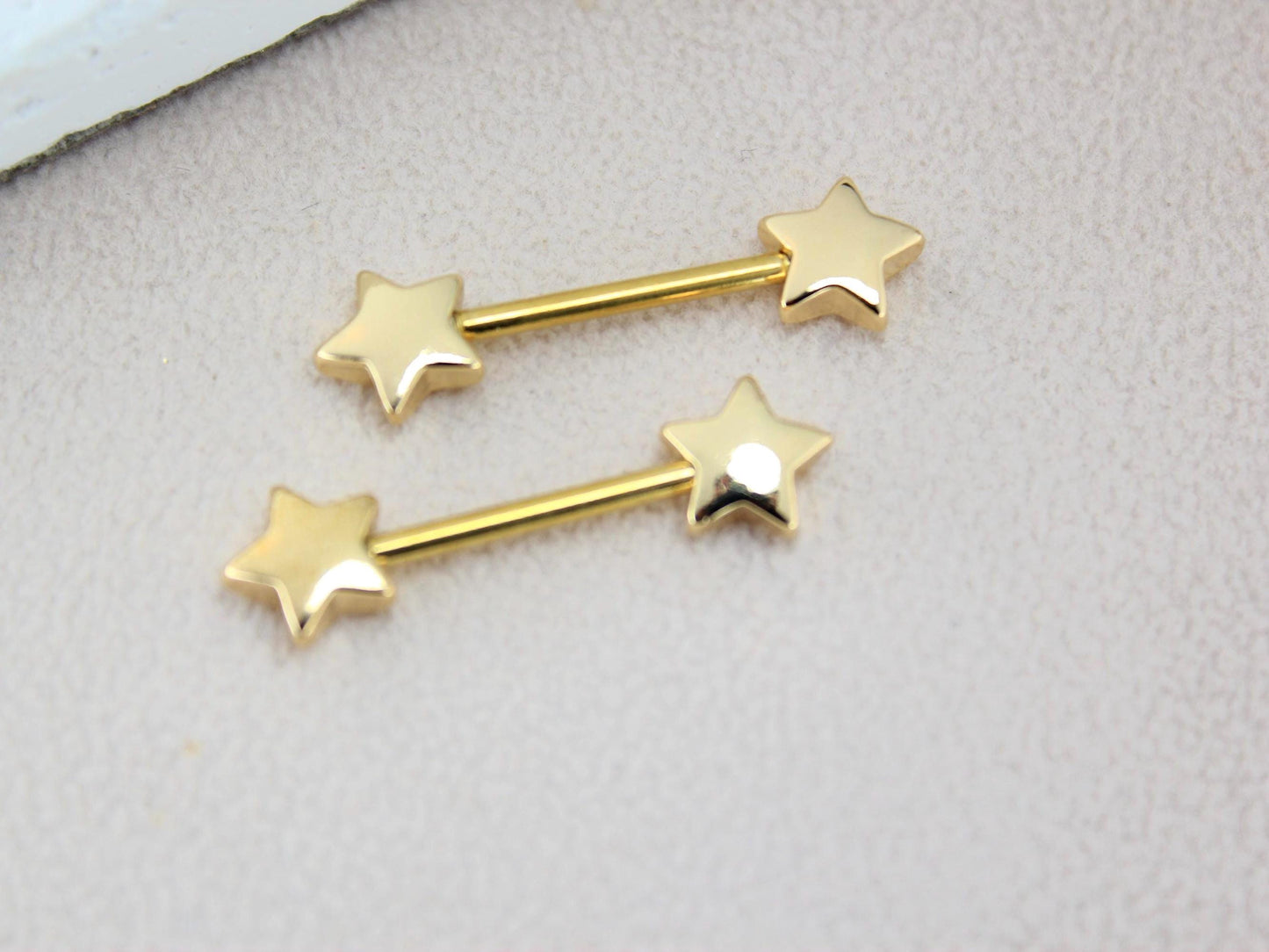 14G Gold Nipple Barbell, Star End Nipple Ring Piercing, Hypoallergenic Body Jewelry, Minimalist Nipple Piercing.