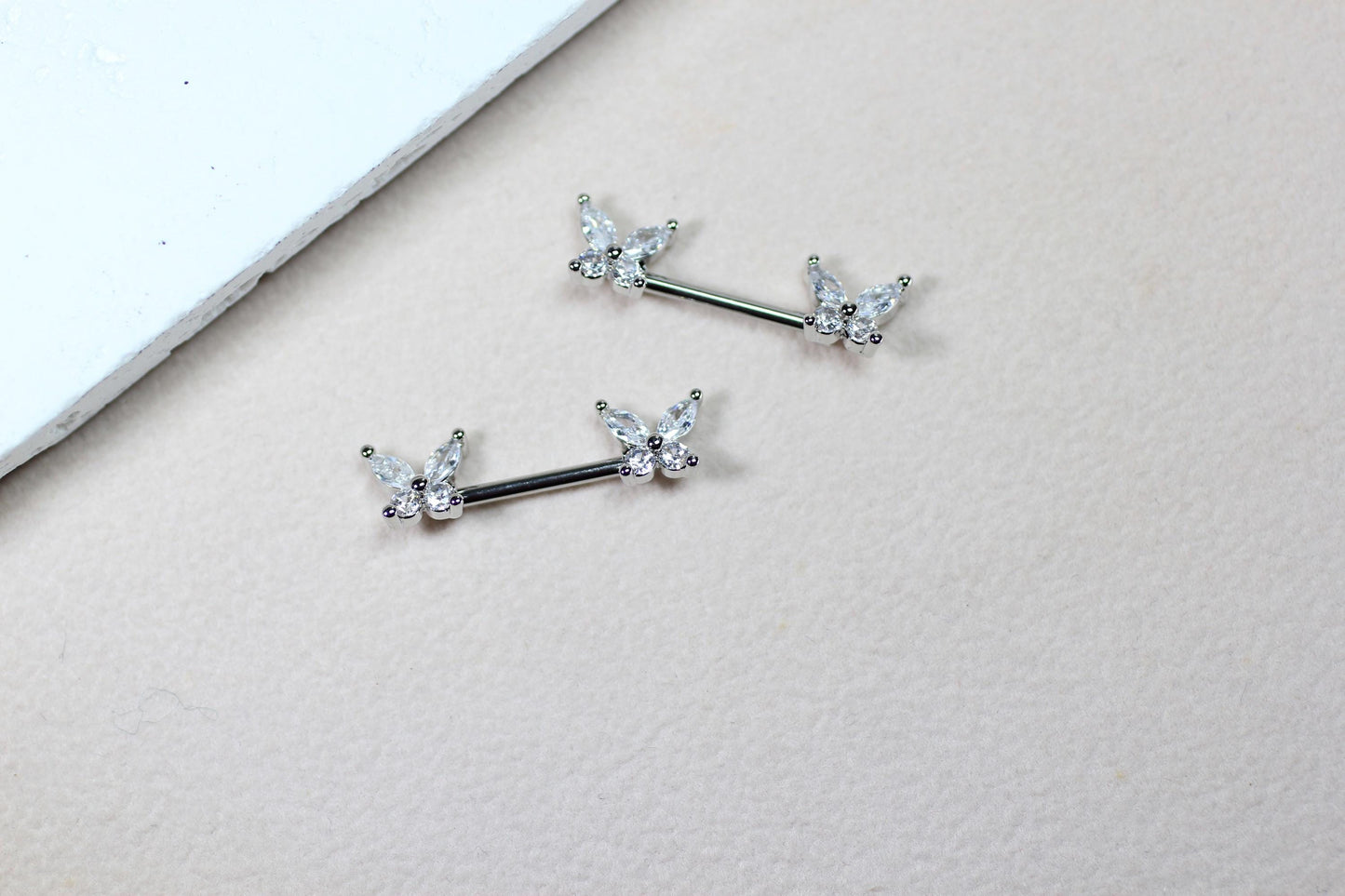 Silver Butterfly Nipple Ring, Dainty Marquise Gem Butterfly Nipple Piercing Barbell, 14g Nipple Ring, Surgical Steel Body Jewelry.