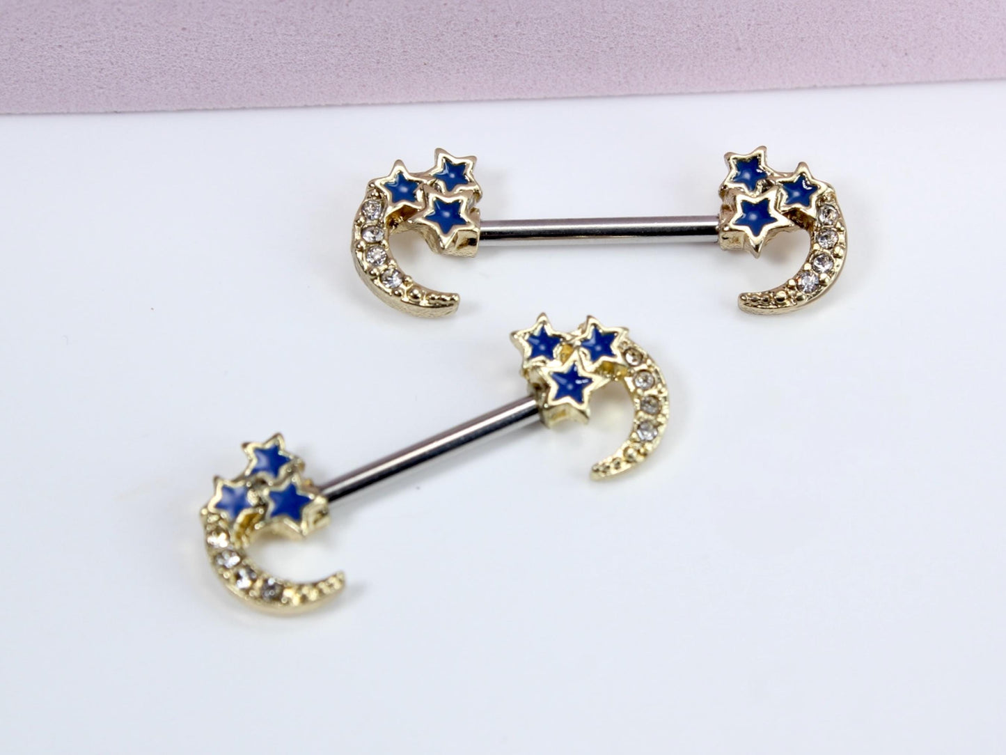Crescent Moon Nipple Ring, Dainty Star Moon Nipple Piercing Barbell, 14g Nipple Ring, Set of 2 Customized Body Piercing Jewelry