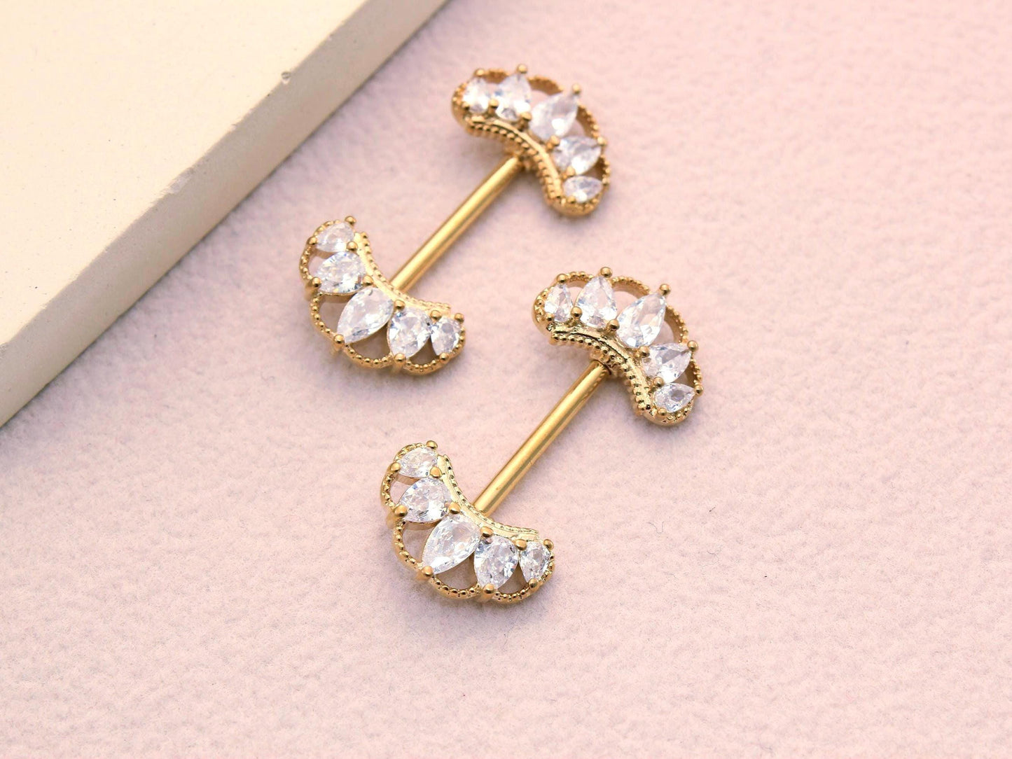 14g Gold Nipple Barbell, CZ Paved Floral Petal Leaf Nipple Ring Jewelry, Pair of Leaf Nipple Piercing Jewelry, Gold Body Piercing Jewelry