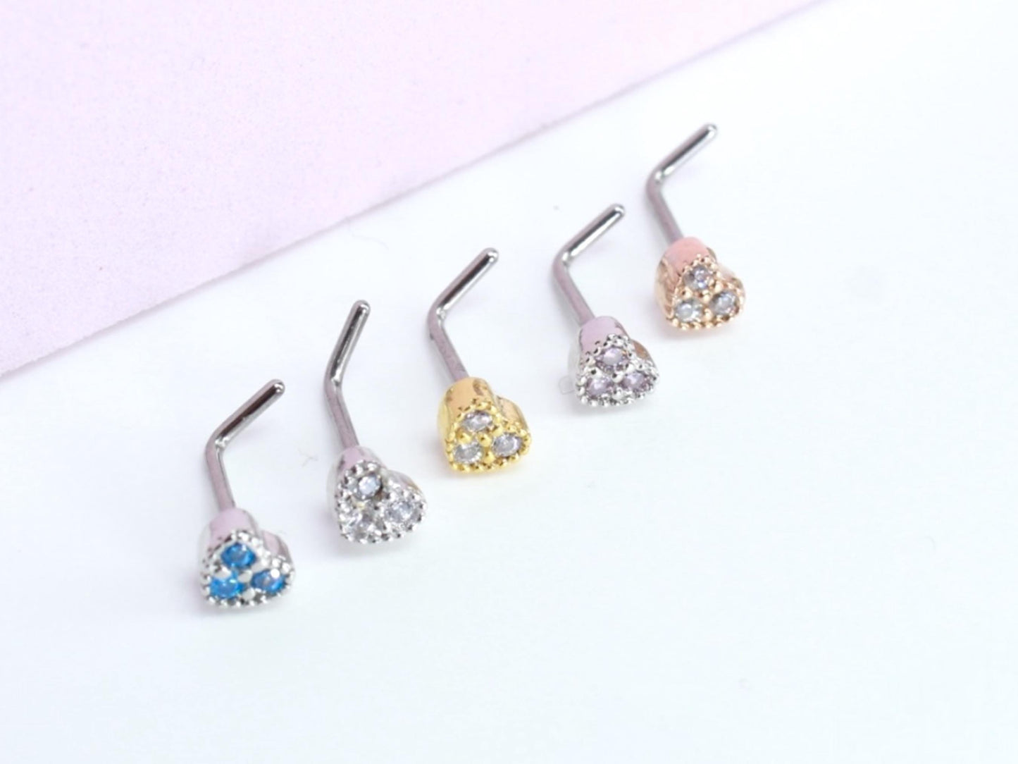 Dainty Gold Heart Nose Stud, 20G CZ Heart Top L Shape Nose Stud Jewelry, Cute Minimalistic Heart Charm Thin Nose Piercing Body Jewelry,