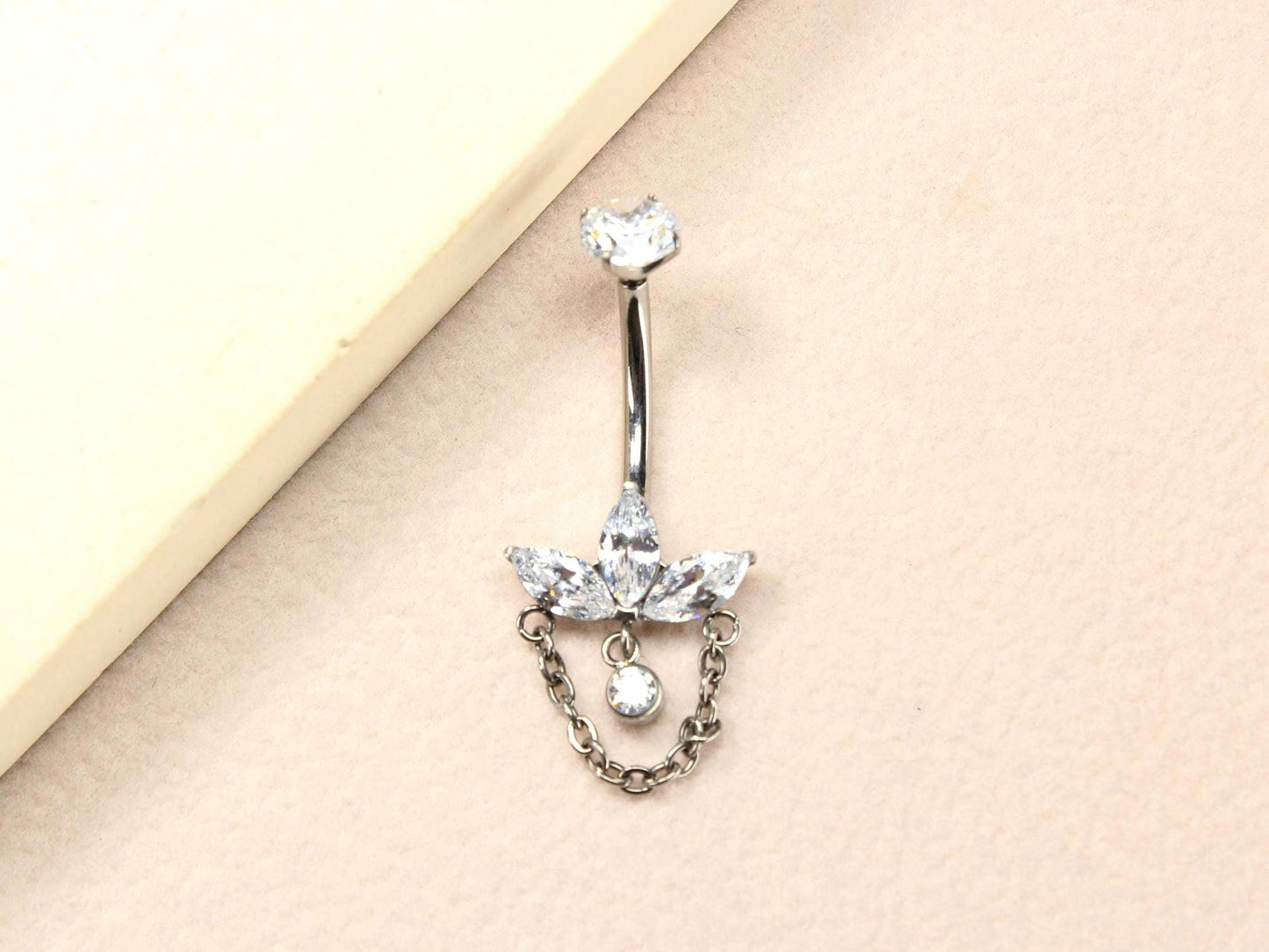 14g Titanium Belly Button Ring, Floral Lotus Dangling Chain Belly Ring, Marquise Gem Charm Belly Piercing Jewelry, Navel Body Jewelry