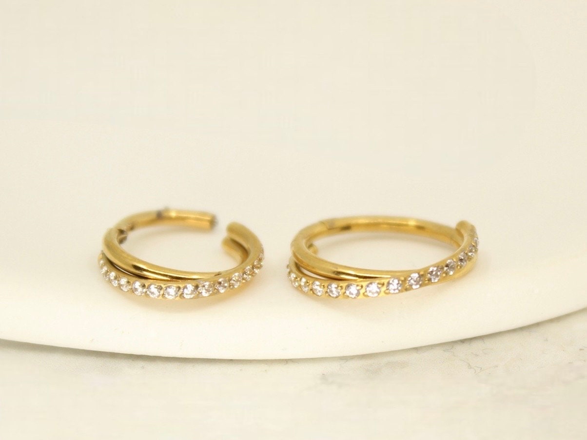 New • Gold Dainty CZ Paved Conch Ring Clicker, CZ Criscross Hoop Ring, Conch Clicker Hoop Ring, Septum Daith Cartilage Waterproof Earrings