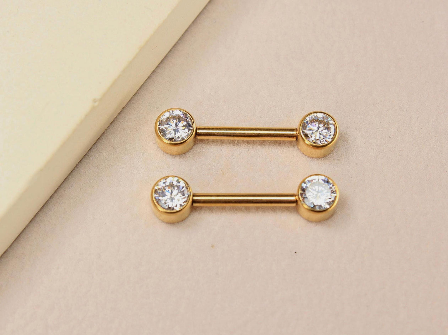 14g Titanium Nipple Barbell, Internally Threaded Gold Bezel Set Nipple Piercing Ring, Pair of Nipple Body Piercing Jewelry