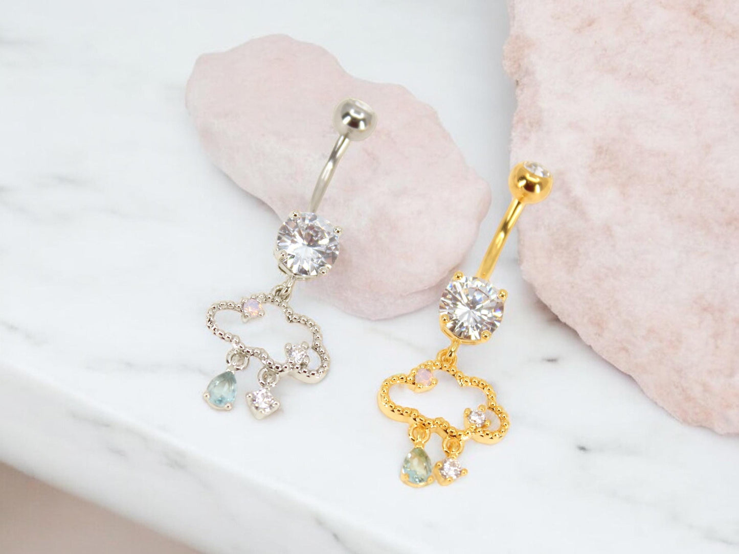 14g Dangling Belly Ring, Gold Silver Raining Cloud Dangle Belly Button Ring, Navel Piercing, Body Jewelry, Belly Ring Piercing Jewelry