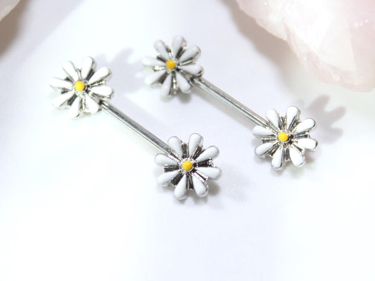 14G Daisy Nipple Barbell, Set of 2 Floral Nipple Ring, Nipple Piercing Jewelry, Personalized Body Jewelry