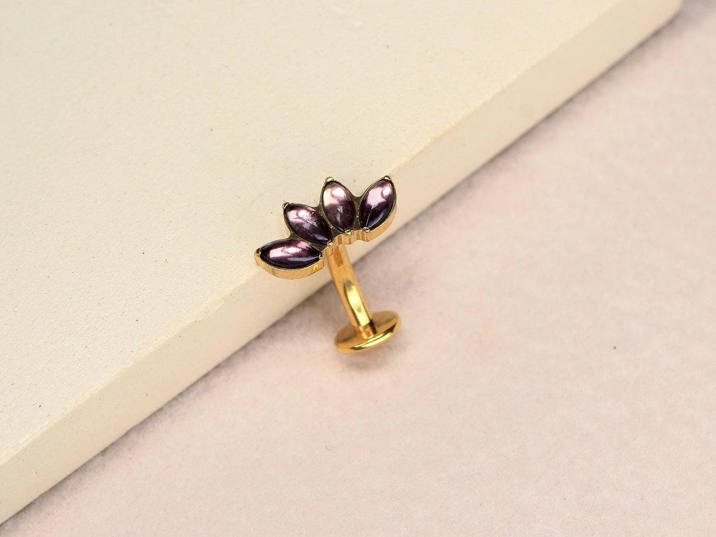 14G Titanium Belly Button Ring, Purple Stone Lotus Floral Threadless Push In Belly Ring Piercing, Floating Navel Ring Jewelry