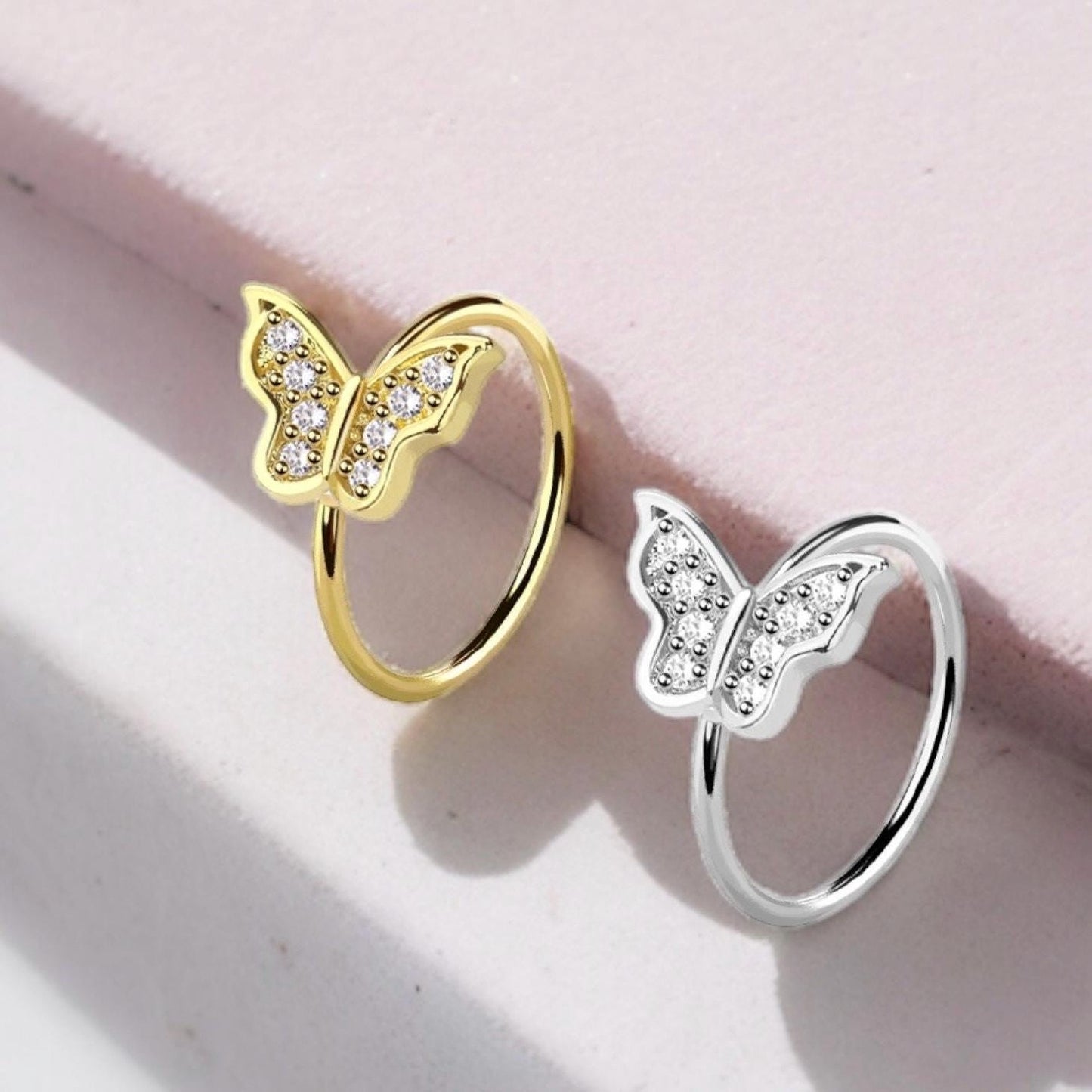 20G Dainty Butterfly Nose Ring Hoop – CZ Butterfly Bendable Nose Hoop, Surgical Steel Nose Piercing Jewelry