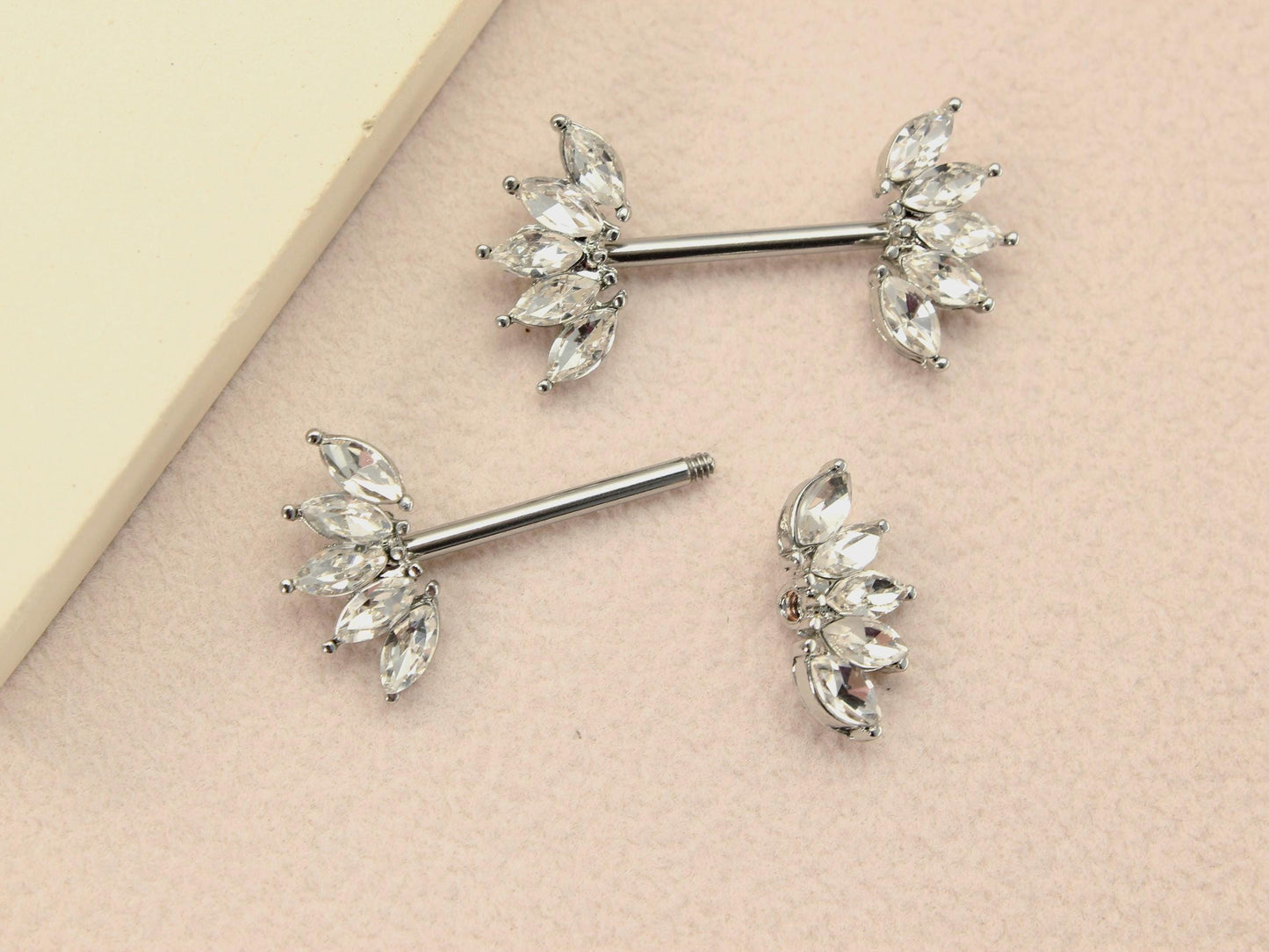 Silver Nipple Barbell Piercing, 14g Sparkling Gem Petal End Nipple Ring Jewelry, Floral Nipple Ring Body Jewelry
