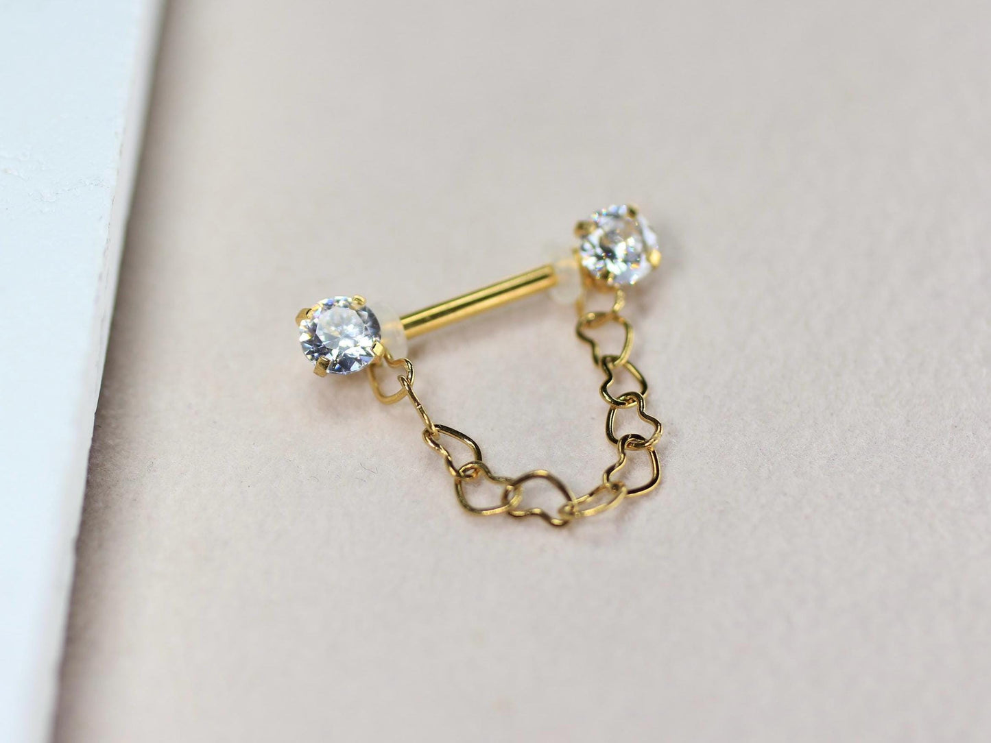 14g Gold Nipple Barbell, Dangling Heart Chain CZ Prong Nipple Piercing, Minimalist Piercing, Surgical Steel Body Jewelry.