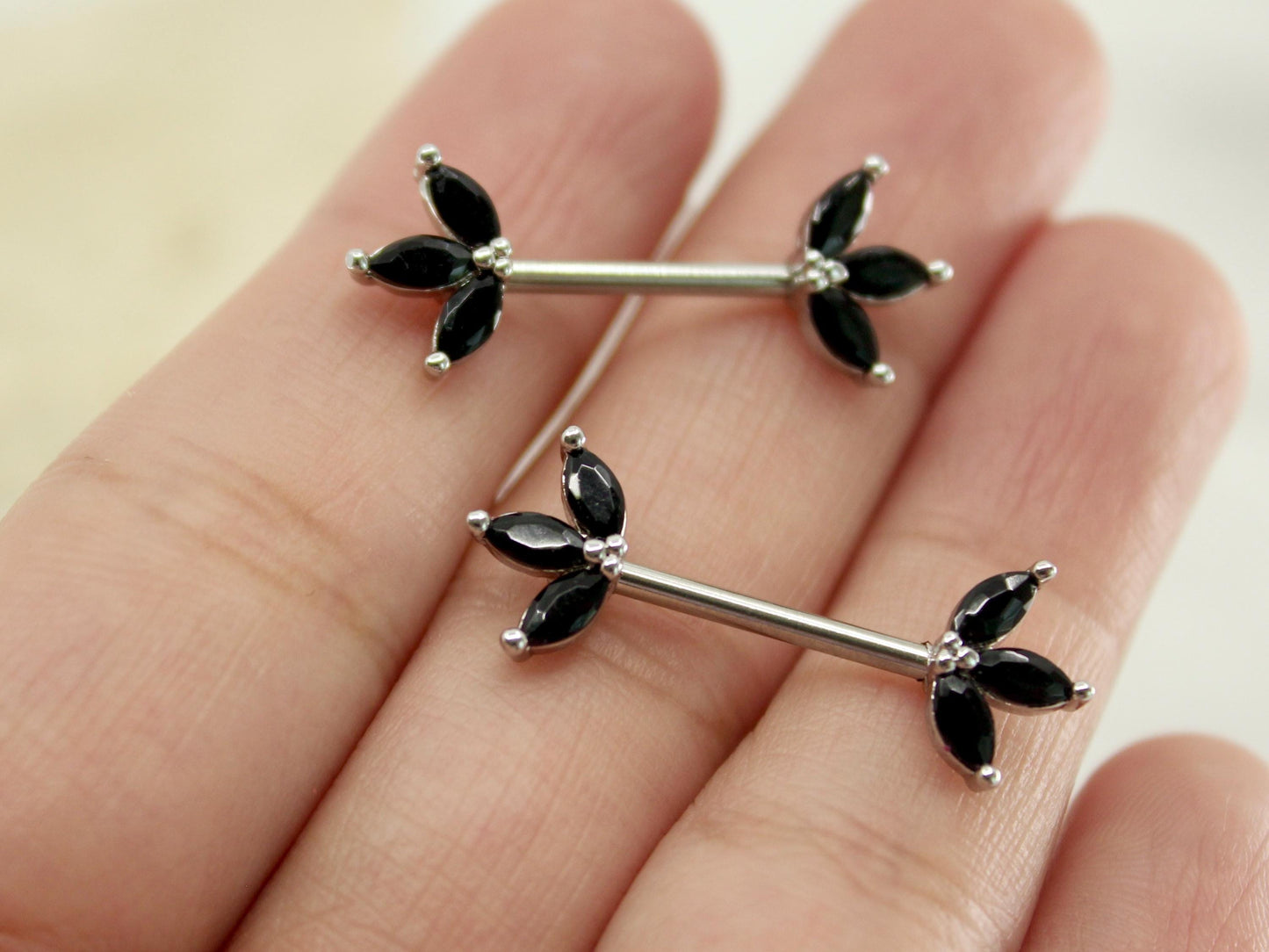 Black Marquise Leaf Nipple Barbell 14G – Floral Petal Black Nipple Rings, Surgical Steel Nipple Piercing Jewelry, Pair (Set of 2)