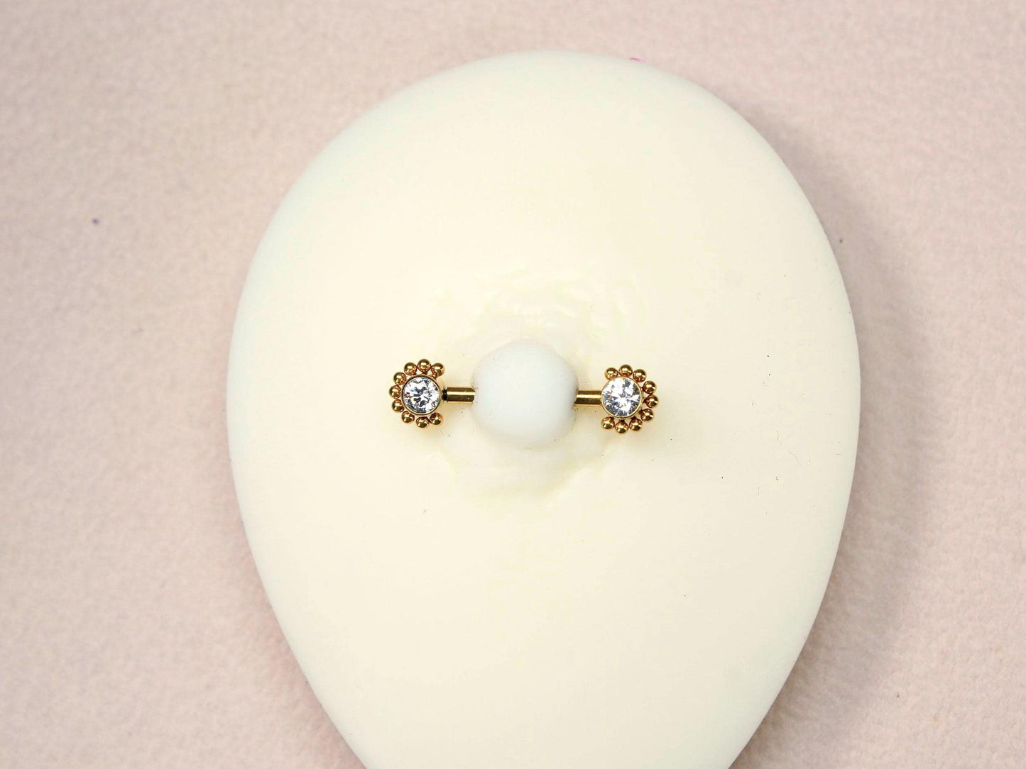14G Gold Titanium Nipple Barbell, Internally Threaded Beaded Decor CZ Nipple Ring Piercing, Minimalist Body Jewelry