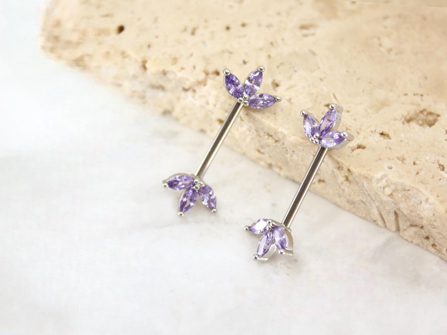 14G Purple Lotus Leaf Nipple Barbell,  Floral Petals Marquise Gem Silver Nipple Piercing Ring, Body Piercing Jewelry.