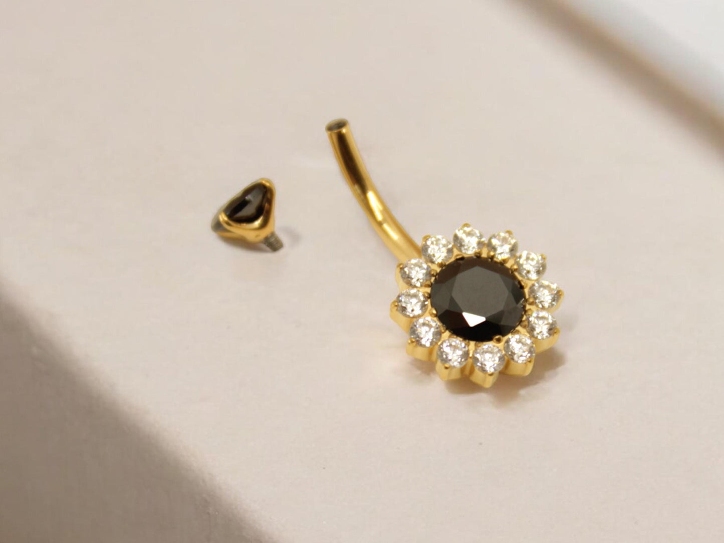 Black Dainty Floral Belly Button Ring, 14g Titanium Black Gold Crystal Gemstone Belly Button Ring Piercing Jewelry, Navel Piercing.