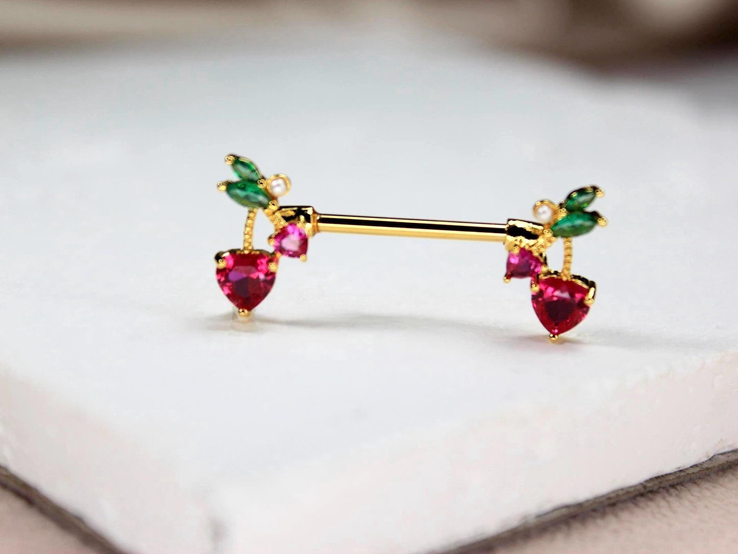 14g Gold Nipple Barbell, Cherry Heart Drop Charm Nipple Piercing, Body Jewelry