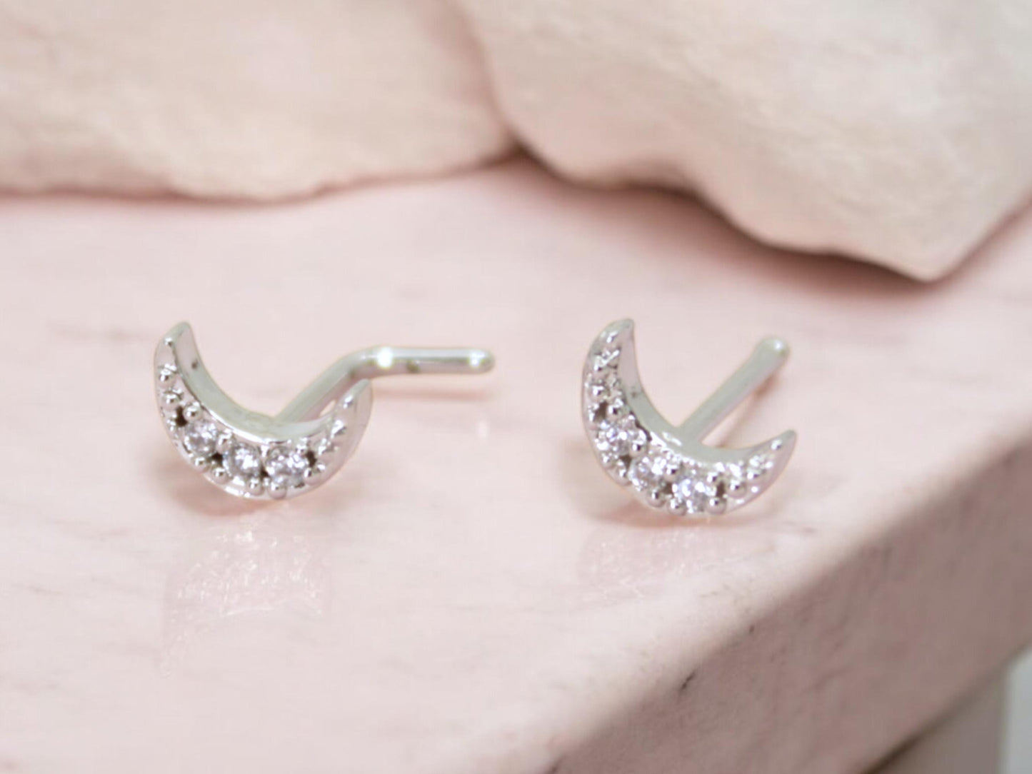 20G Silver Crescent Moon CZ Nose Stud, 8mm Dainty Nose Bone Stud,L Shape Crescent Nose Ring, Tiny Nose Jewelry, Nose Piercing Jewelry.