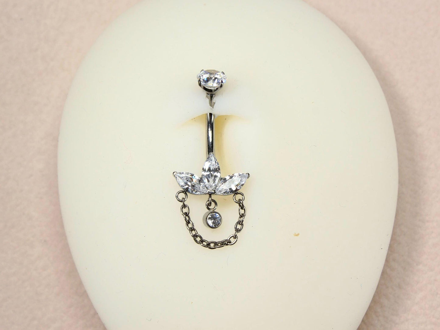 14g Titanium Belly Button Ring, Floral Lotus Dangling Chain Belly Ring, Marquise Gem Charm Belly Piercing Jewelry, Navel Body Jewelry