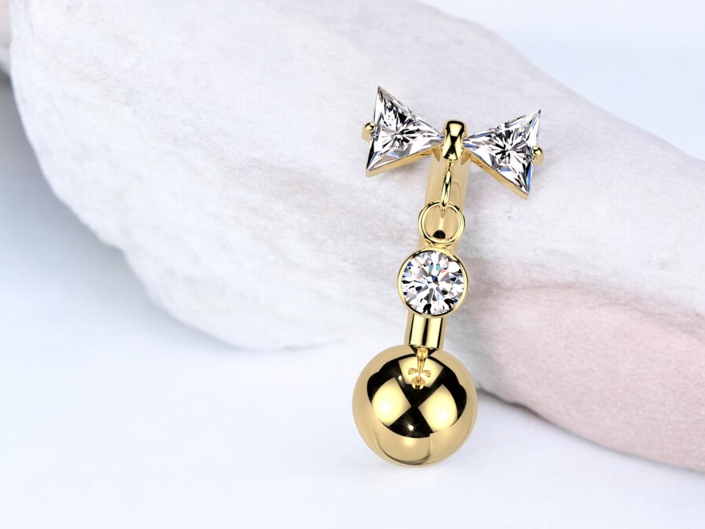 NEW Titanium Bow Dangling Stone Belly Button Ring, 14g Dainty Gold Crystal Push In Belly Piercing Jewelry, Threadless Navel Piercing