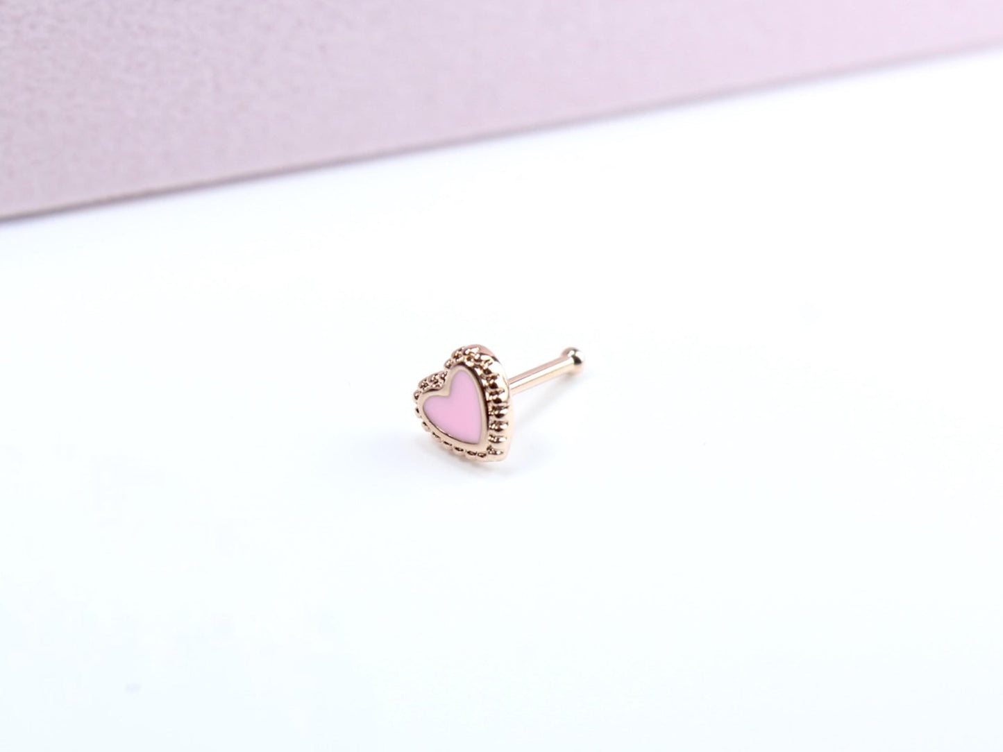 20g Heart Nose Stud, Pink Heart Nose Bone Stud, Ball End Nose Piercing Stud, Thin Nose Stud, Gold Nose Ring, Hypoallergenic Jewelry