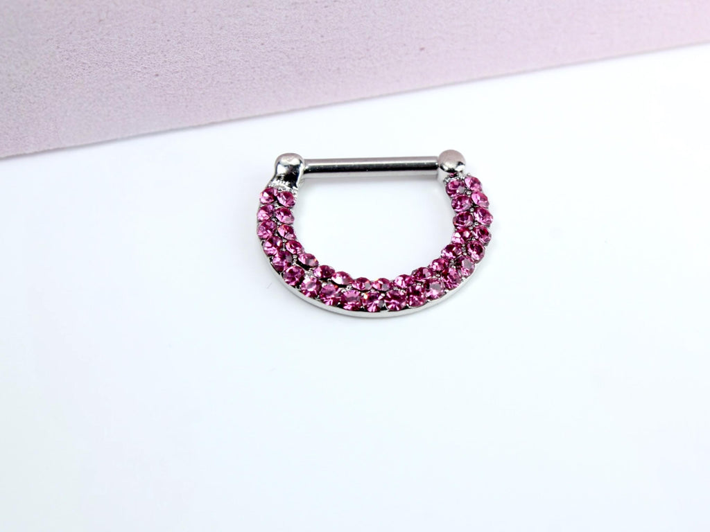 16G Septum Clicker Ring, Pink Double Line Crystal Gem Decor Hinged Septum Nose Piercing Jewelry, Dainty Nose Septum Hoop Ring,